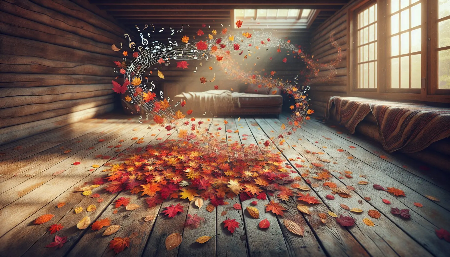 Generate an image of colorful autumn leaves with musical notes swirling around.