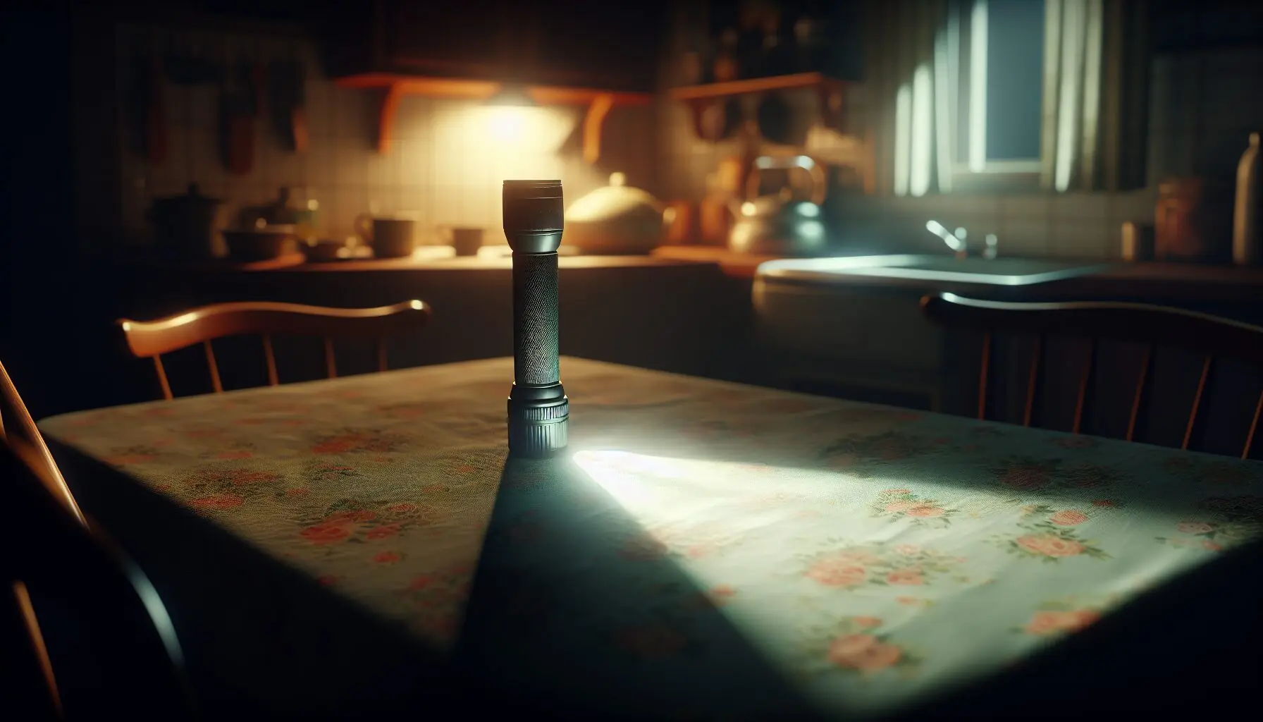 Generate an image of a simple flashlight on a cozy, dimly lit table.
