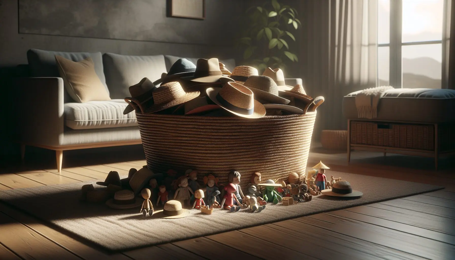 Generate an image of a basket filled with simple props like hats and toy figurines.