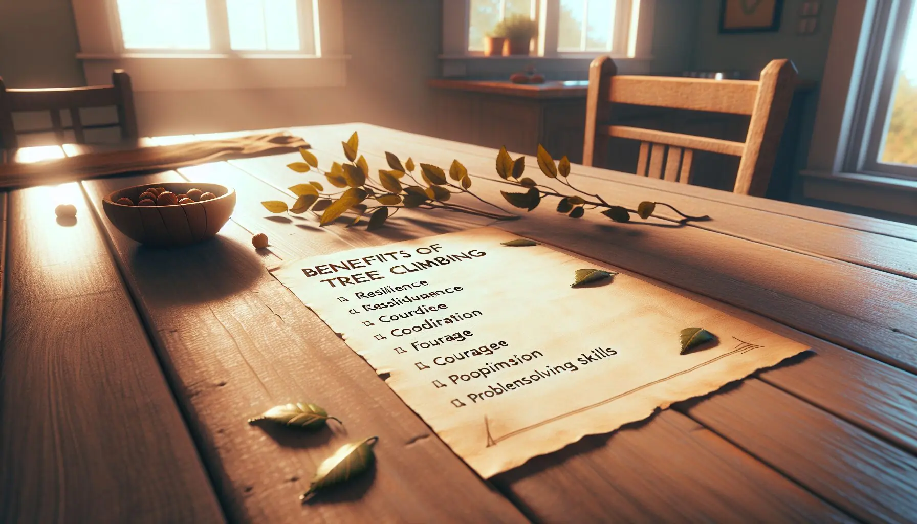 Generate an image of a list illustrating the benefits of climbing, like resilience and courage.