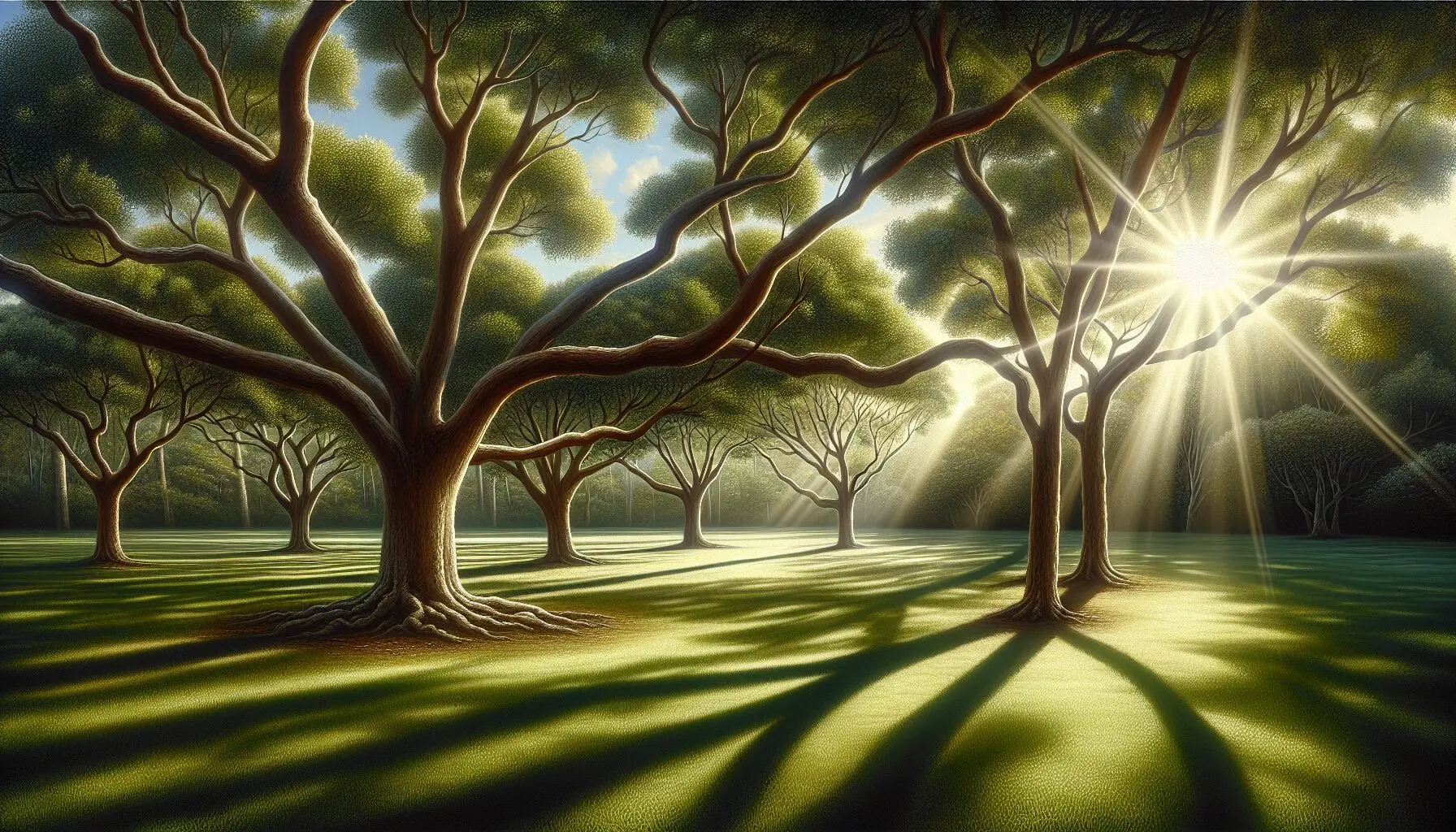 Generate an image of a selection of trees with low branches and sunny skies.