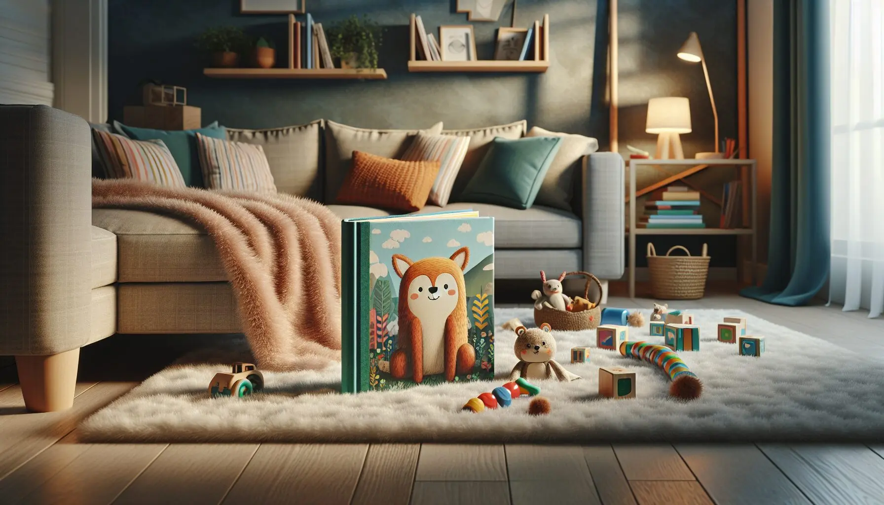 Create an image of a cozy, inviting reading area with a children's book, a fluffy rug, and toys spread for imaginative play.