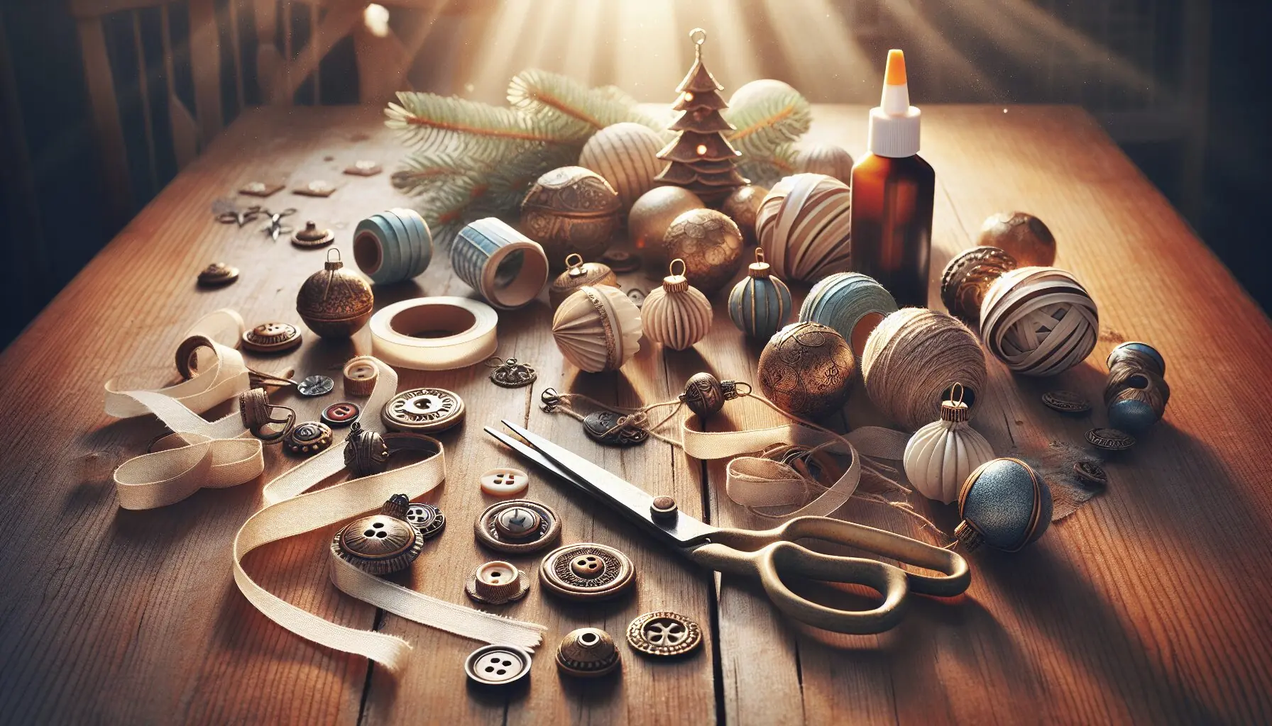 Generate an image of scissors, glue, and ribbon next to crafted ornaments from recycled materials displayed on a wooden table.