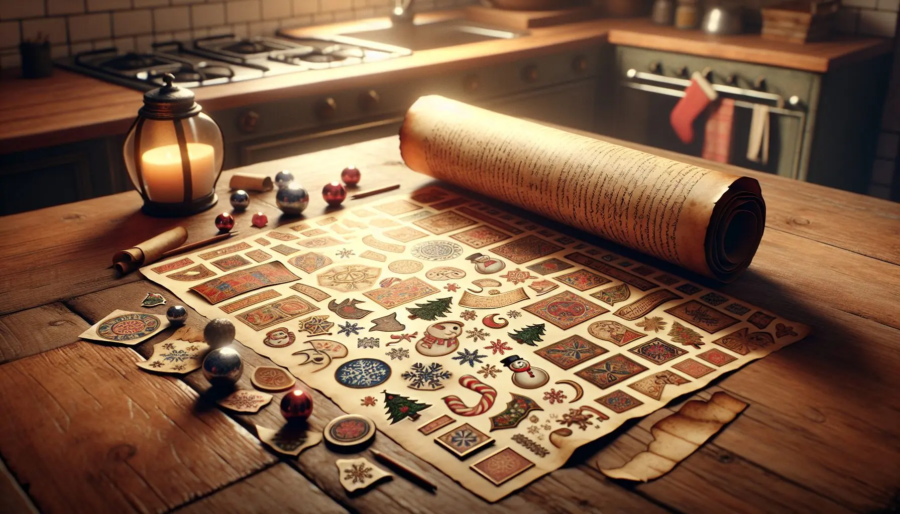 Generate an image of an ancient scroll partially unrolled on a wooden table with winter-themed stickers scattered around.