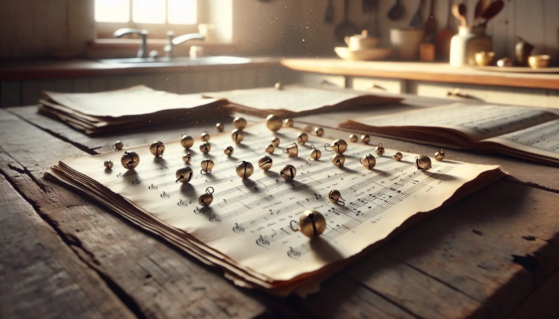 Generate an image of sheet music pages lightly dusted with glitter, with tiny bells placed on top.
