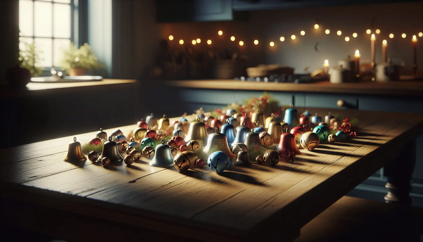 Generate an image of assorted colorful bells on a wooden table with a festive background.