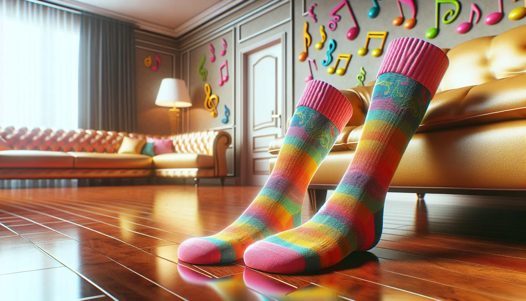 Create an image of socks sliding on a polished floor, surrounded by vivid musical symbols and cheerful decorations.