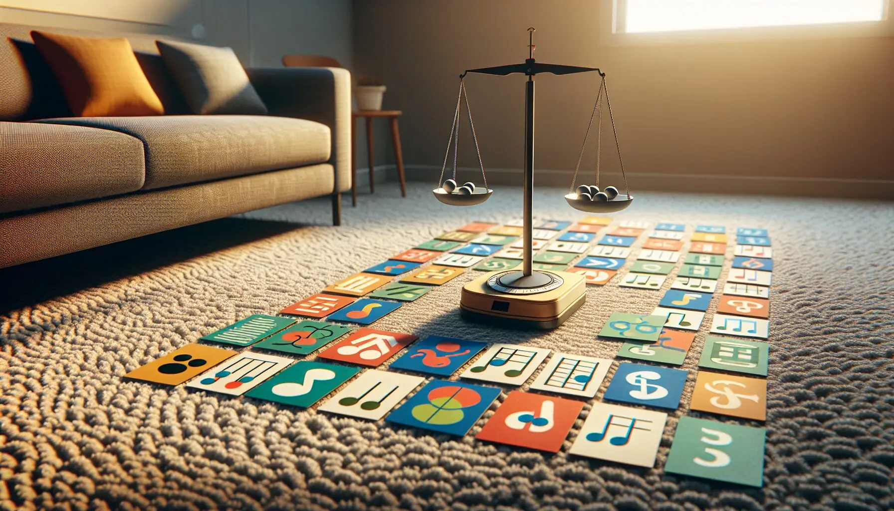 Suggest an image depicting a balance scale and rhythmic patterns, set against a backdrop of a serene home environment.