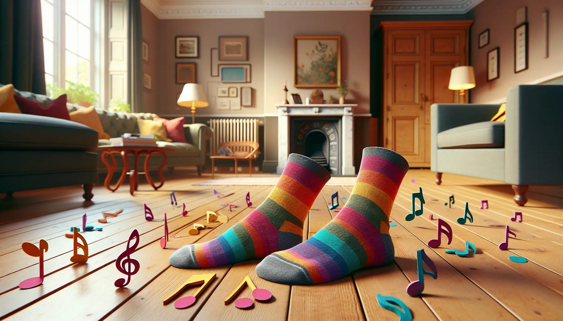 Generate an image of a smooth wooden floor in a cozy room, with colorful socks and scattered musical notes.