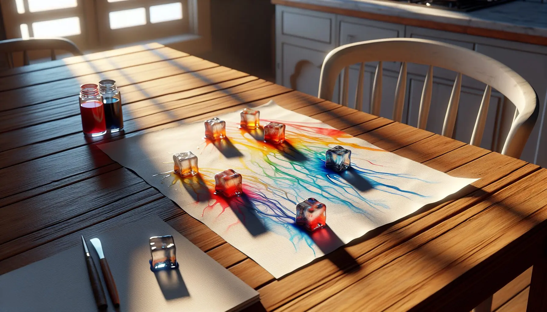 Generate an image depicting a piece of paper with colorful paths left by melting ice cubes.