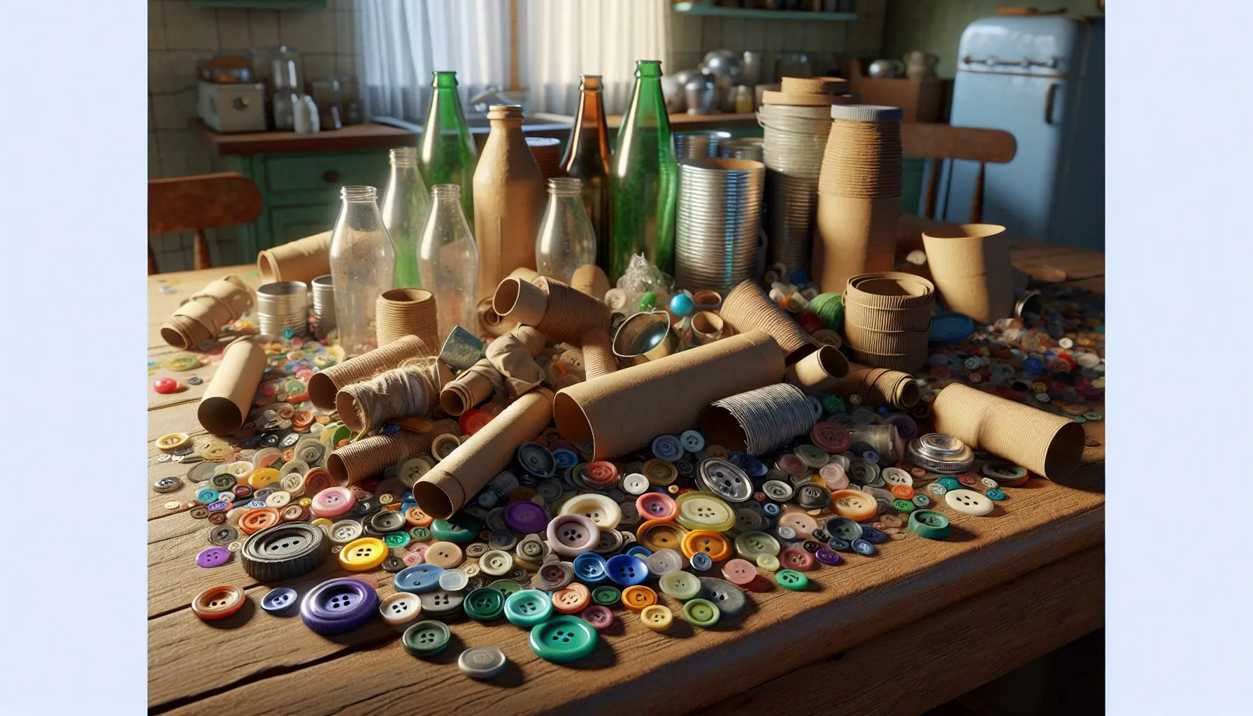 Create an image of assorted recycled materials like buttons, paper rolls, and bottle caps scattered on a table surface.