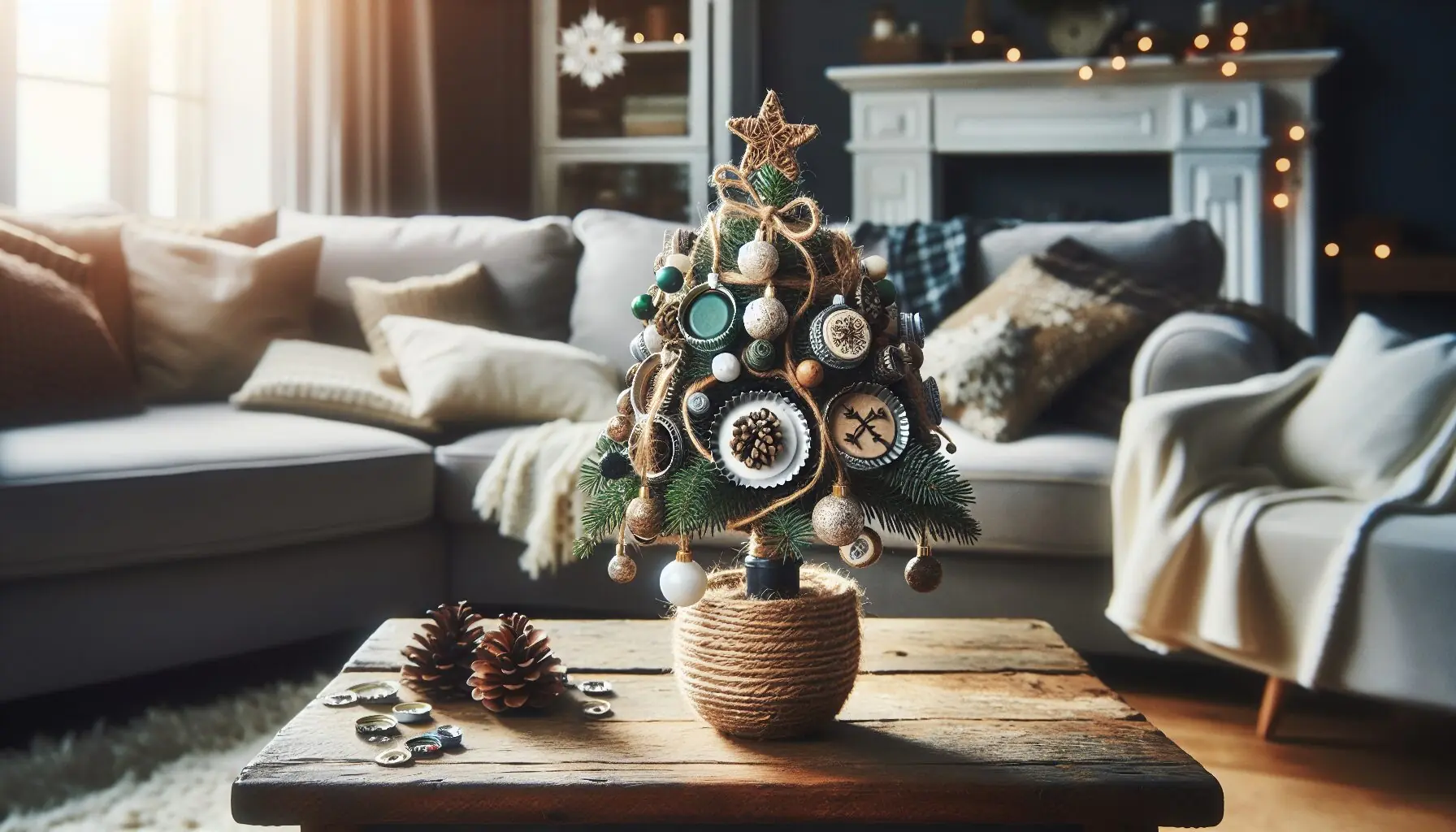 Illustrate an ornament made from recycled materials hanging on a tree, surrounded by holiday decorations.