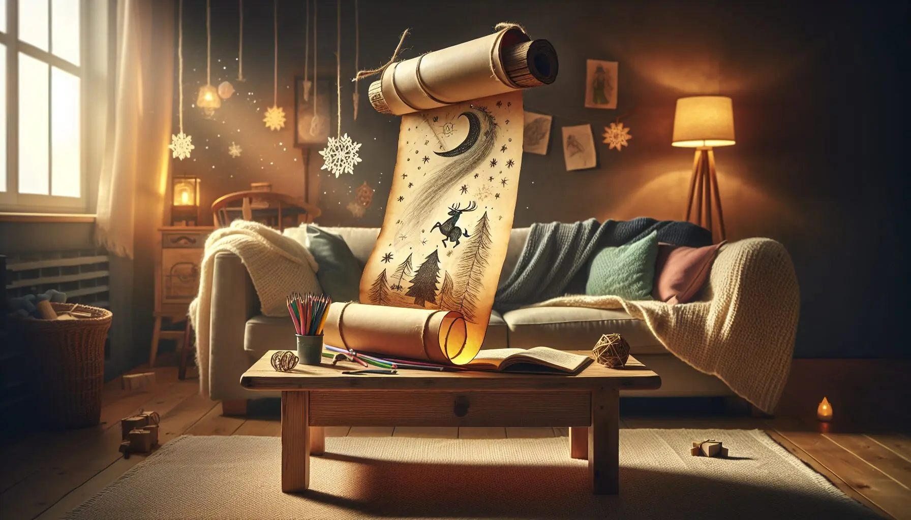 Generate an image of a whimsical backdrop featuring a snow-covered landscape with playful snowflakes.