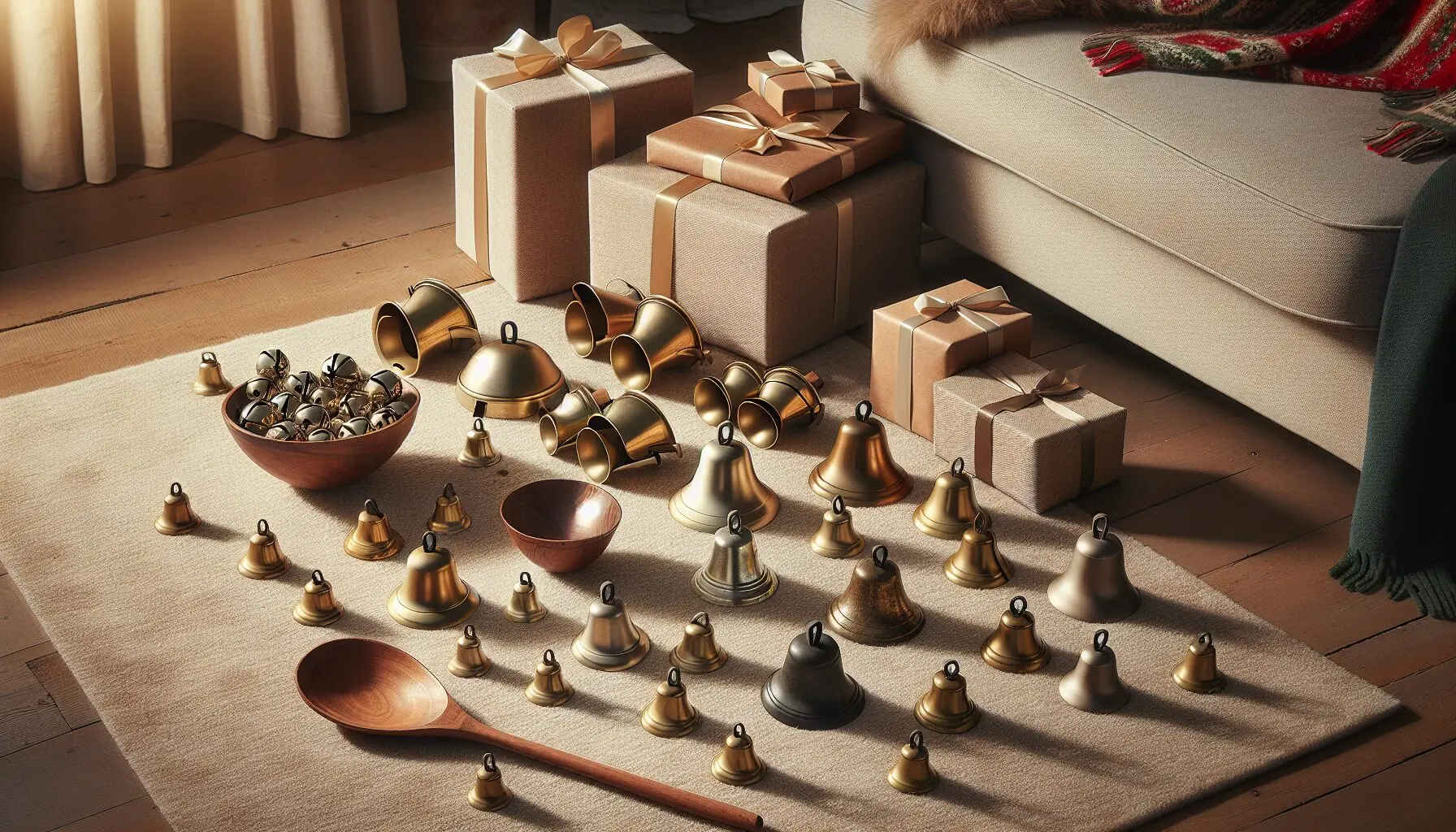 Generate an image of small bells and a wooden spoon arranged on a plush rug with a couple of gift-wrapped presents.