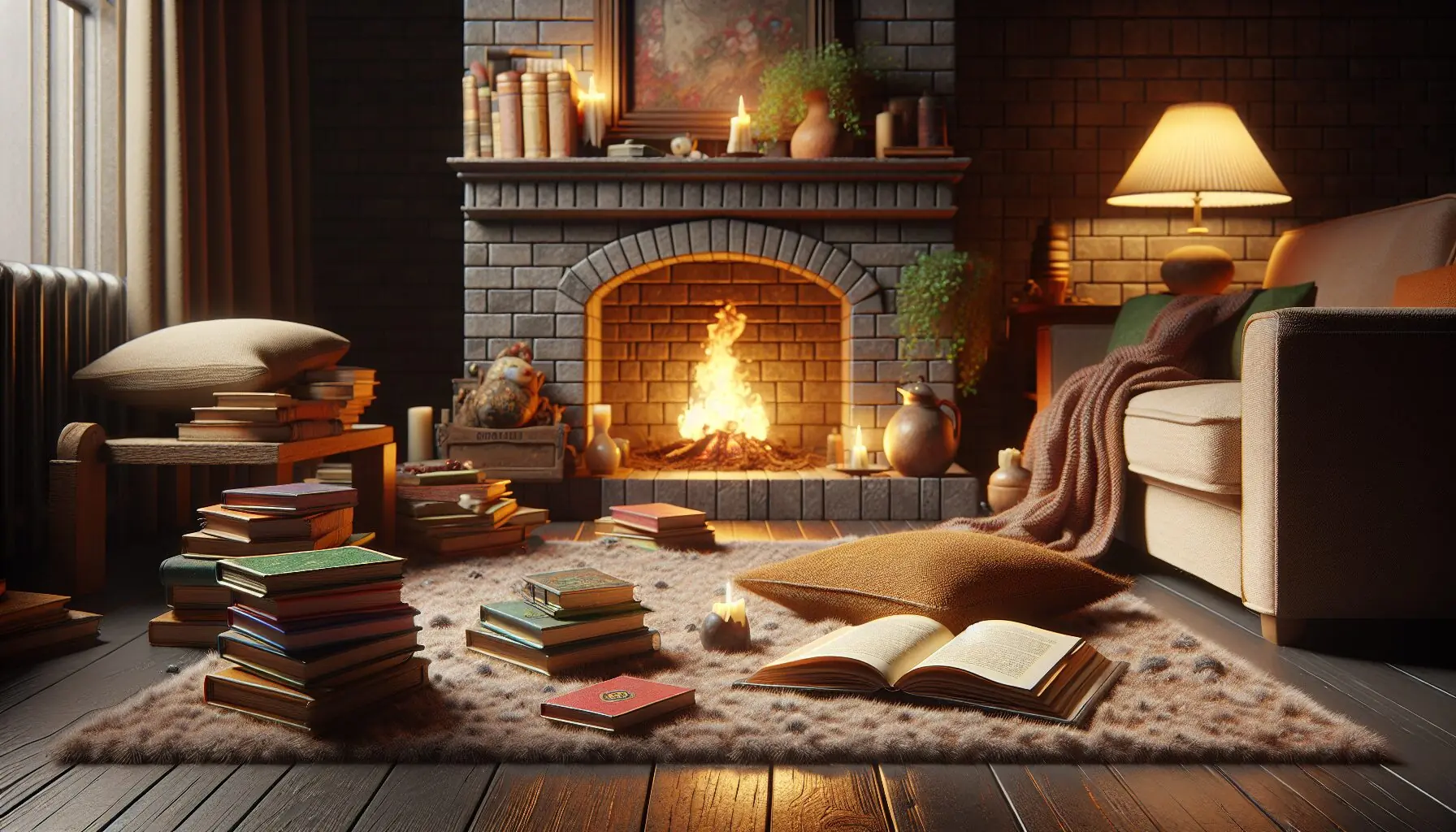 Depict a joyous scene of a parent and child reading together by a cozy fireplace, surrounded by storybooks.