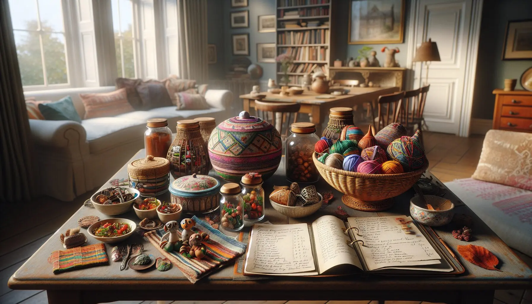 Generate an image of a family room filled with mismatched cultural elements like handmade crafts and recipe cards, depicting a night of fun and learning.