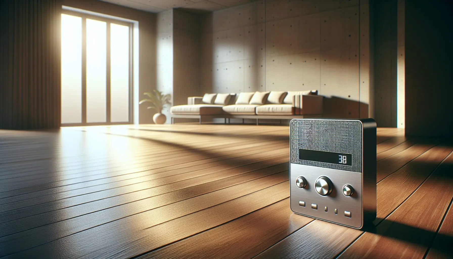 Generate an image depicting a music player beside an open dance floor, representing a dancing family scene.