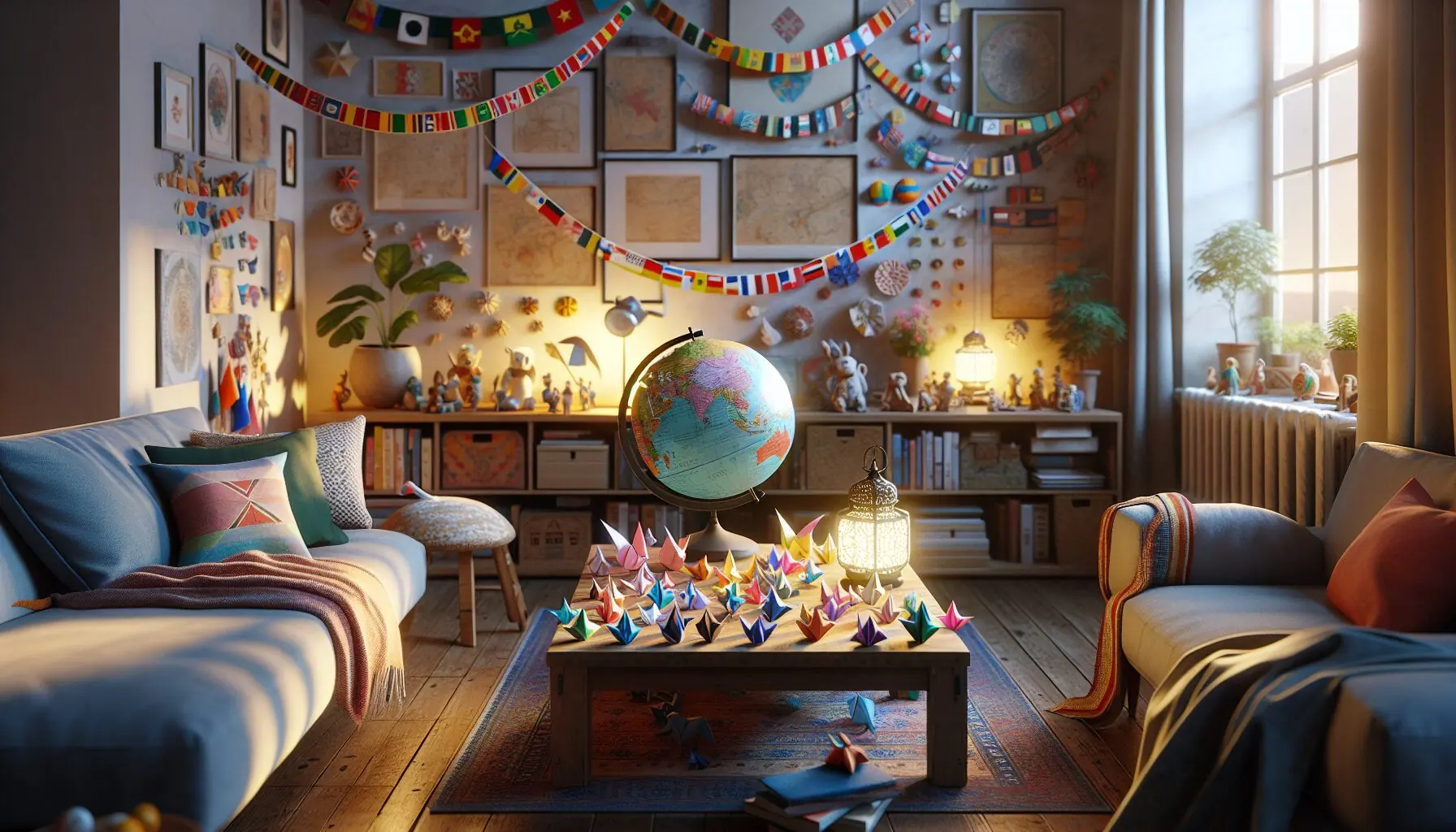 Generate an image of a cozy living room decorated with DIY paper decorations and a globe on a table, symbolizing cultural exploration at home.