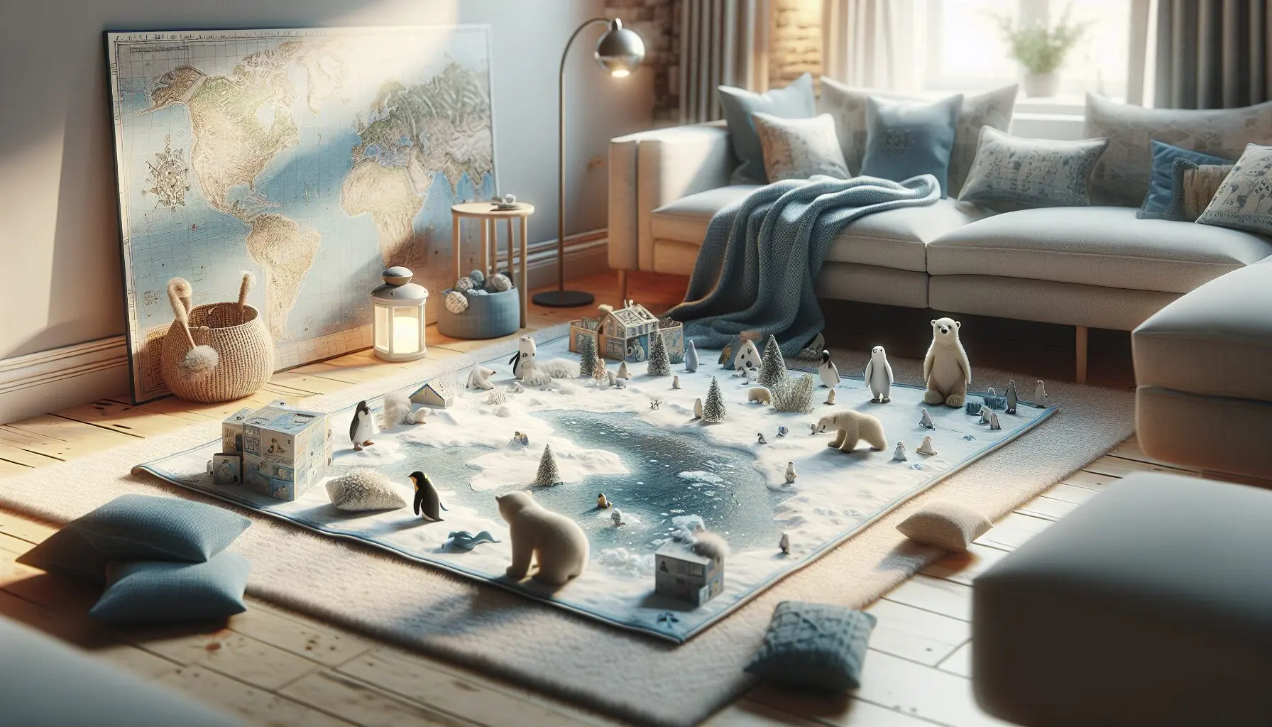 Illustrate children playing with polar-themed props—scarves, maps, toy animals—in a playful home setting.