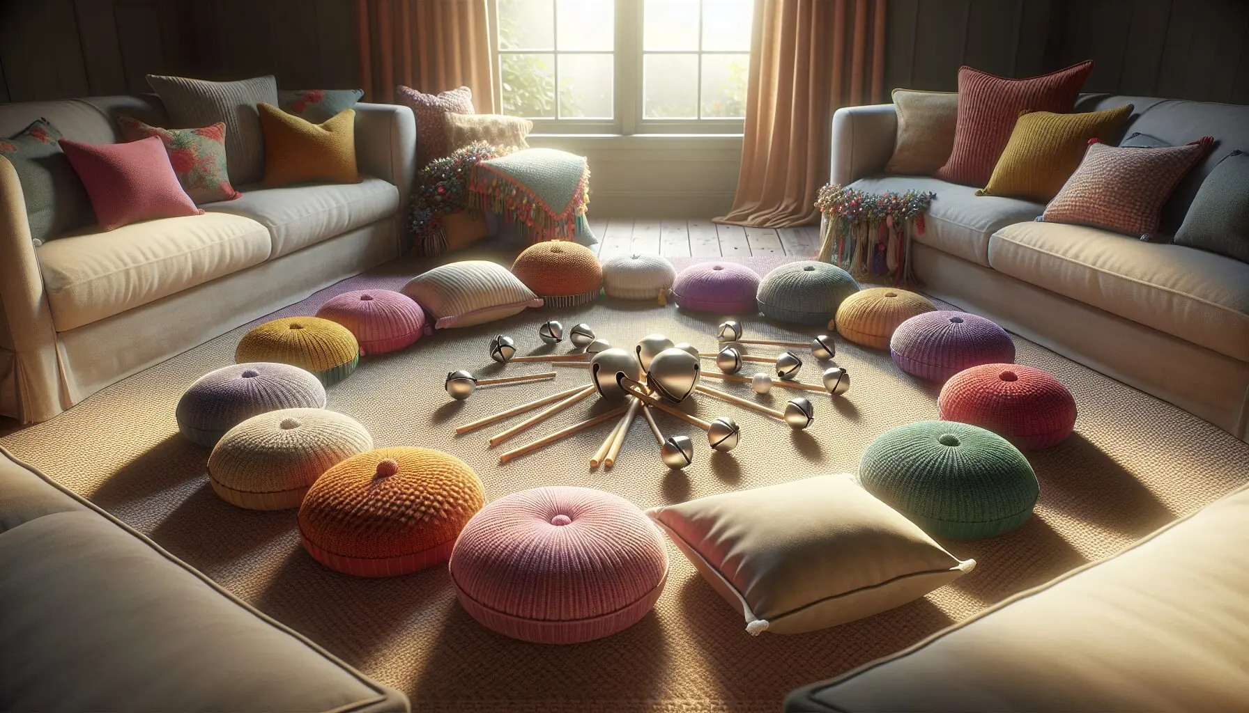 Generate an image of a cozy space with colorful cushions arranged in a circle, accompanied by jingle bells and rhythm sticks.