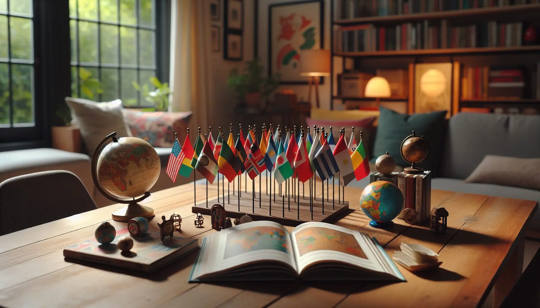Generate an image of an assortment of flags and small cultural decor items on a dining table, ready for a themed dinner night.