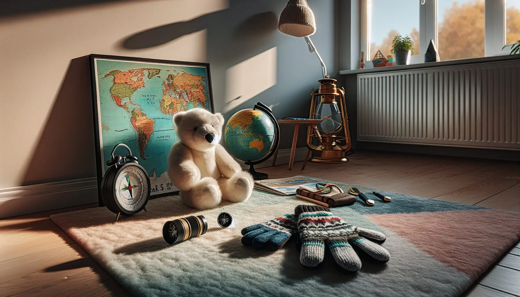 Generate an image of a snowy landscape adventure poster with cartoon polar animals, exploration tools, and a compass.