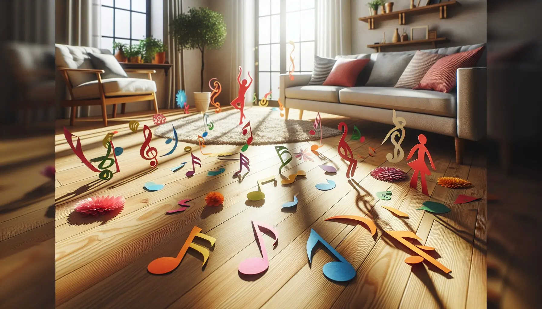 Generate an image of fun dance symbols such as music notes and dancing silhouettes to invite participation.