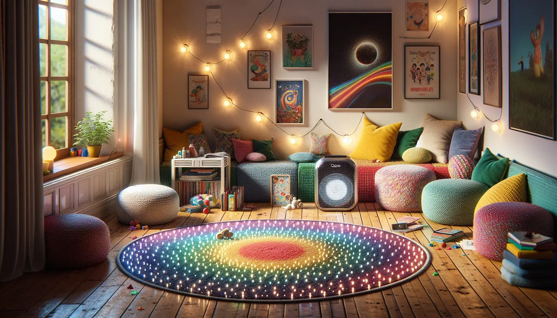 Generate an image of a lively living room setup with joyful colors and open space for dancing.