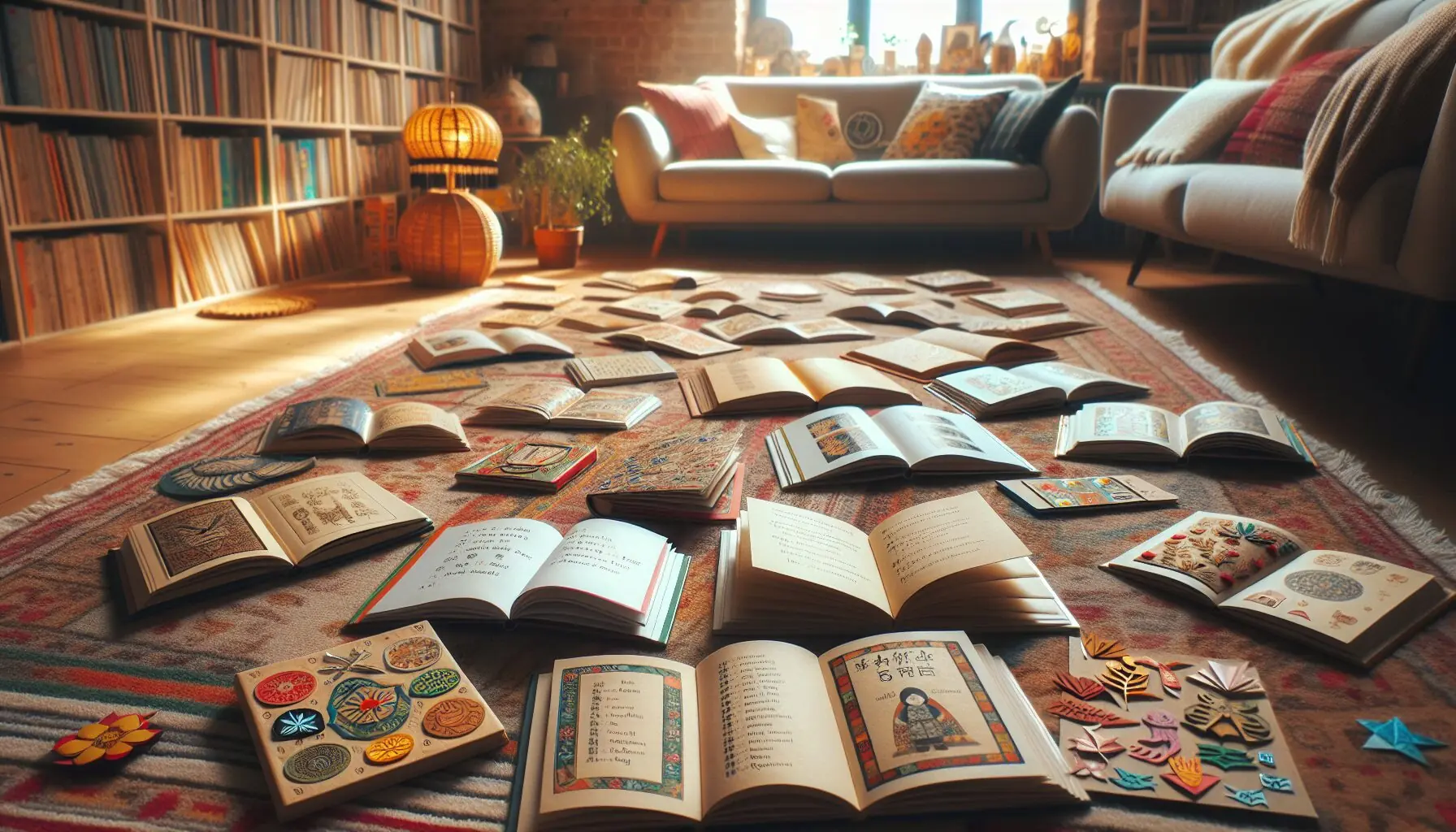 Generate an image of open storybooks from different cultures, surrounded by colorful paper crafts.