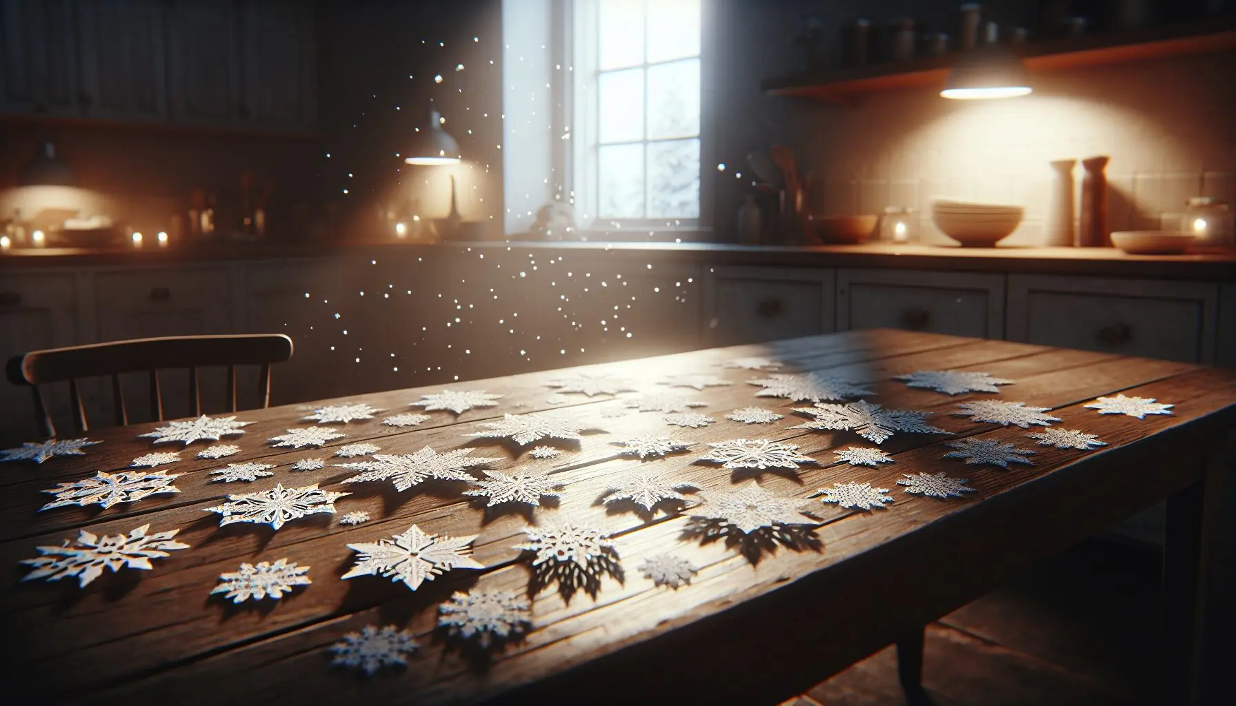 Generate an image of snowflakes dancing against a nighttime sky, softly illuminated by moonlight.