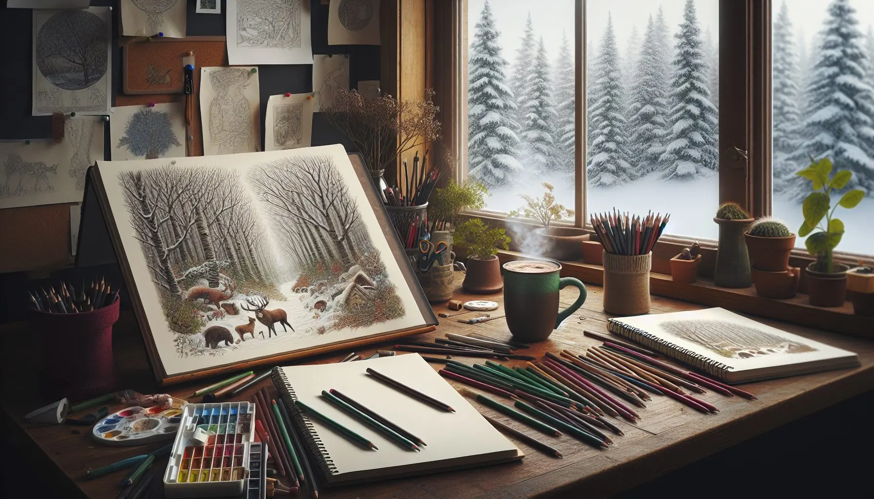 Visualize an artful winter scene, featuring forest animals dancing around a snowy landscape.