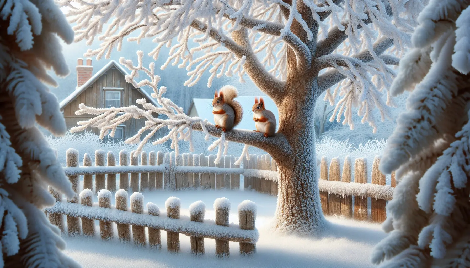 Generate an image of snow-laden trees with a friendly squirrel, perfect for capturing a winter tale's essence.