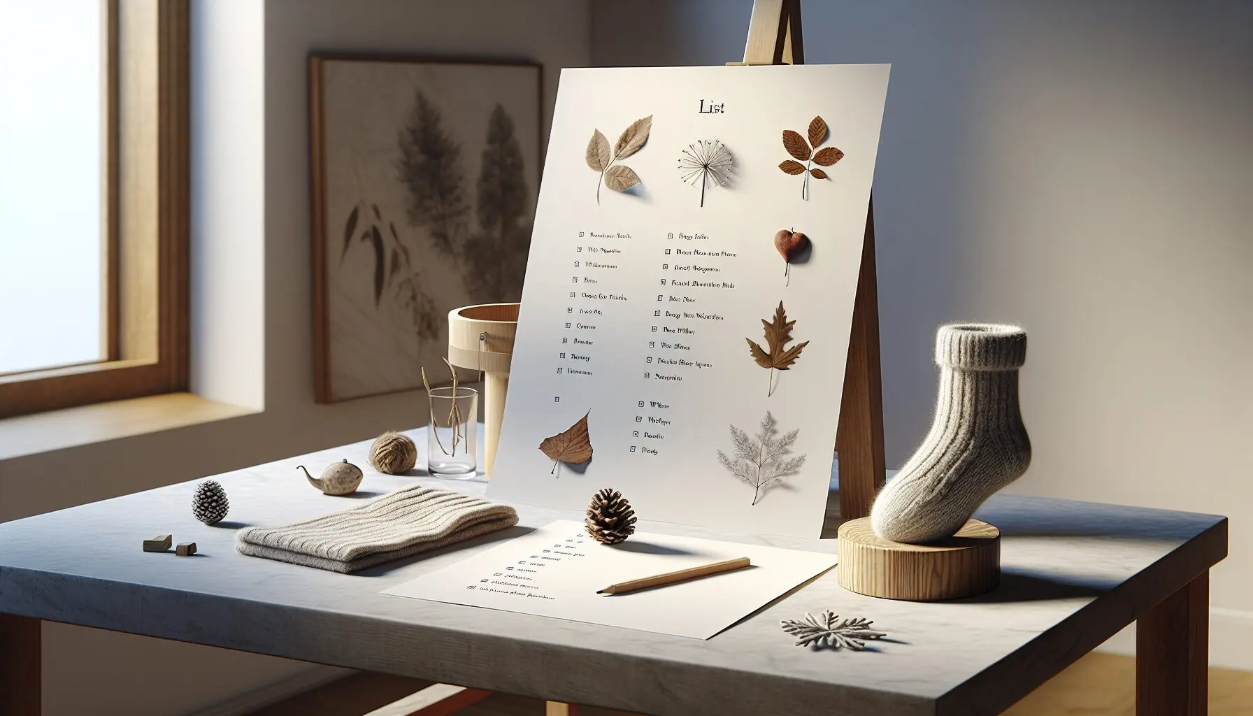 Generate an image of a list of winter-themed items like pinecones and a warm sock.