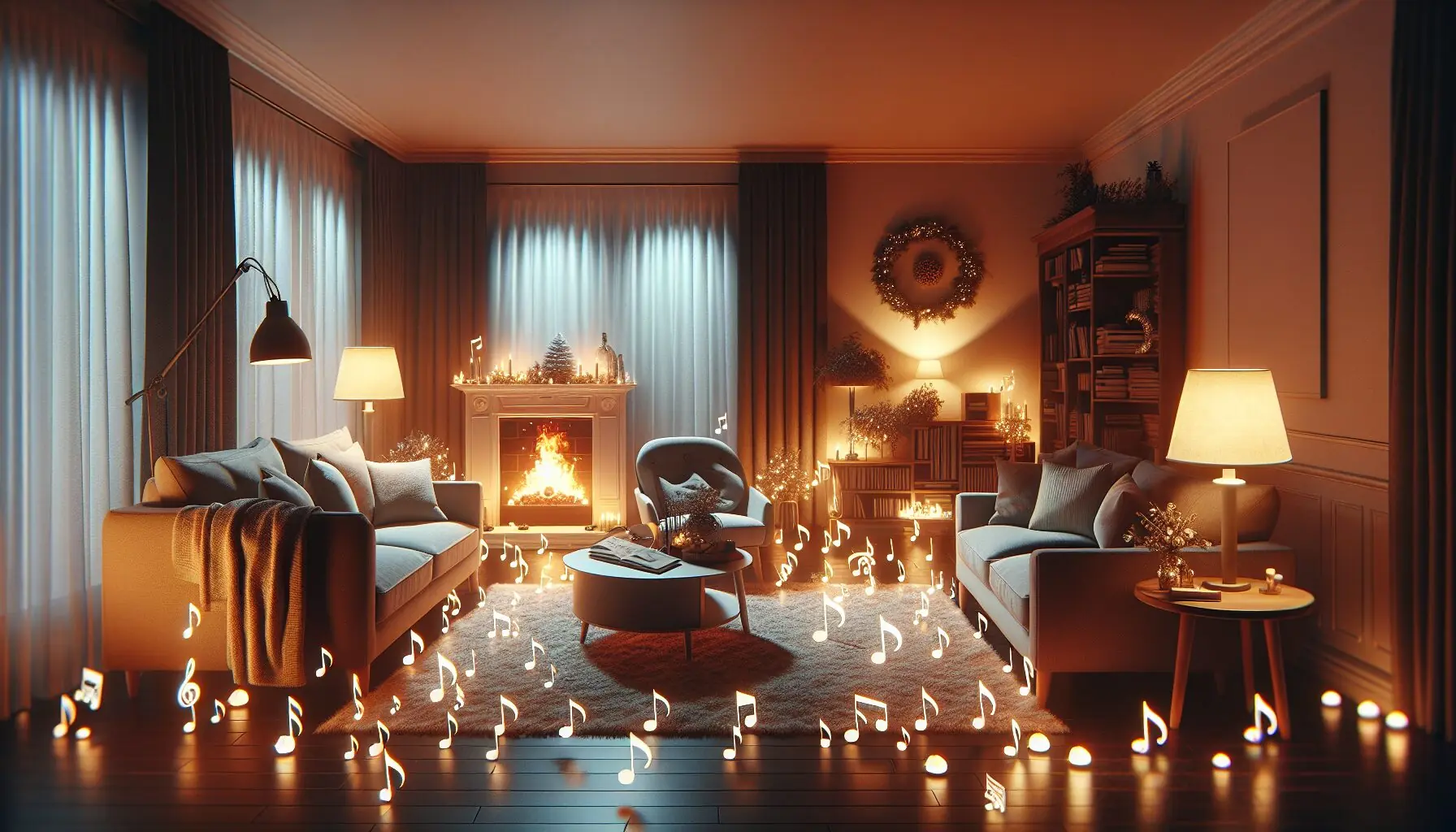 Generate an image of a cozy living room decorated for the holidays with a fireplace and musical notes floating around.