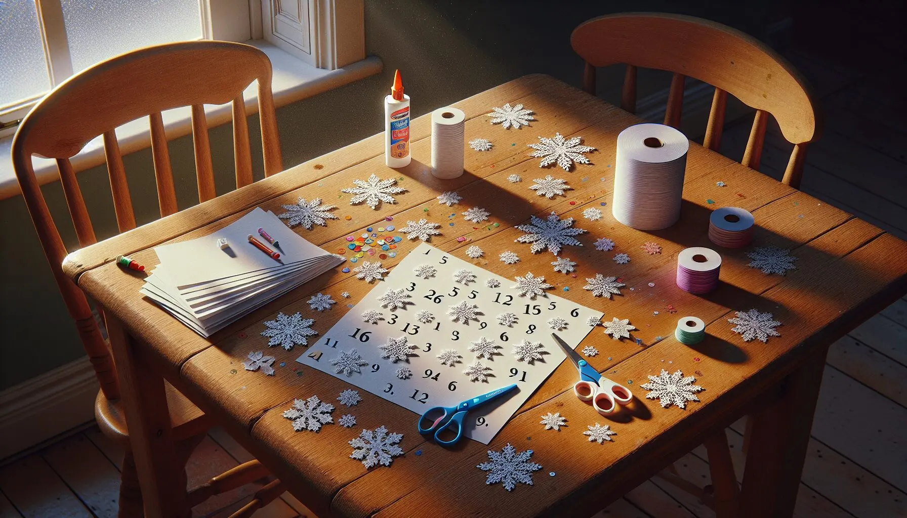 Generate an image showing a creative snowy scene with numbered snowflakes in a pattern.