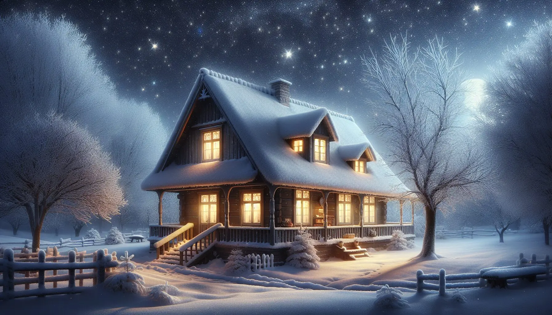 Generate an image of a cozy, snow-covered cottage under twinkling stars to set a winter storytelling scene.