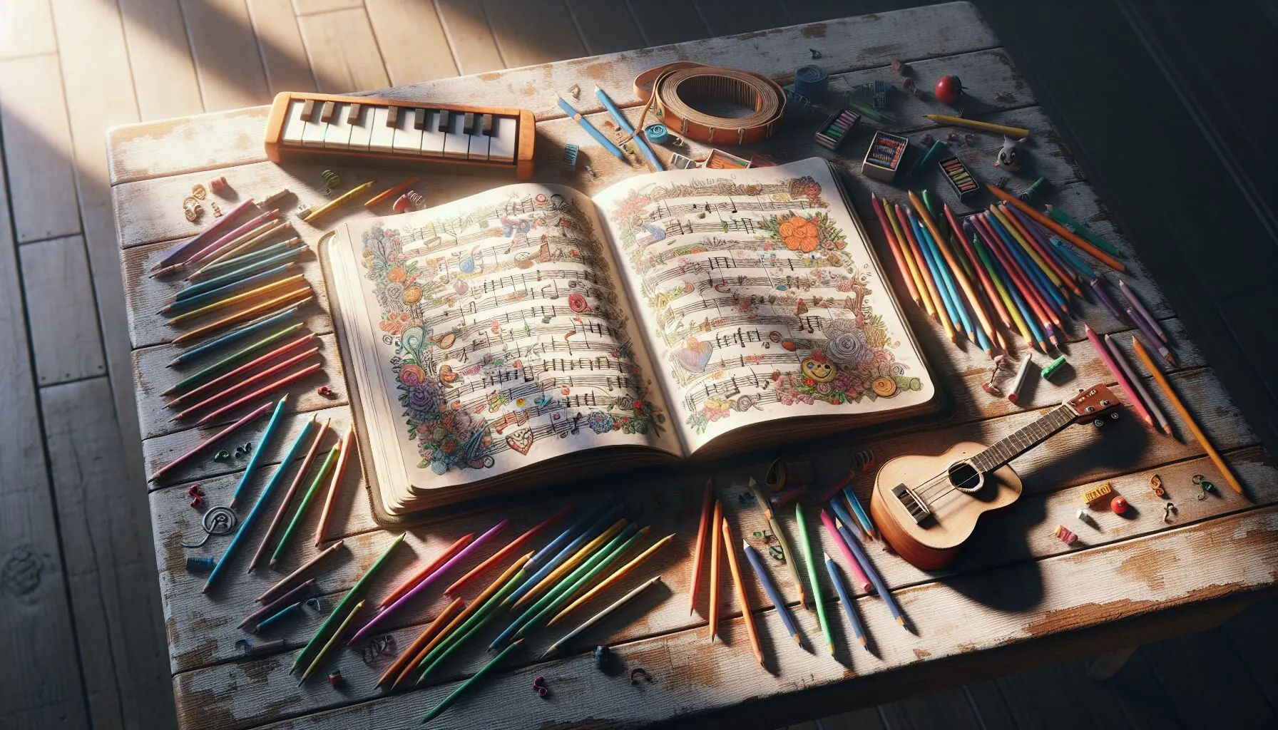 Generate an image of a notebook with colorful doodles of seasonal songs and musical instruments, symbolizing shared family memories.