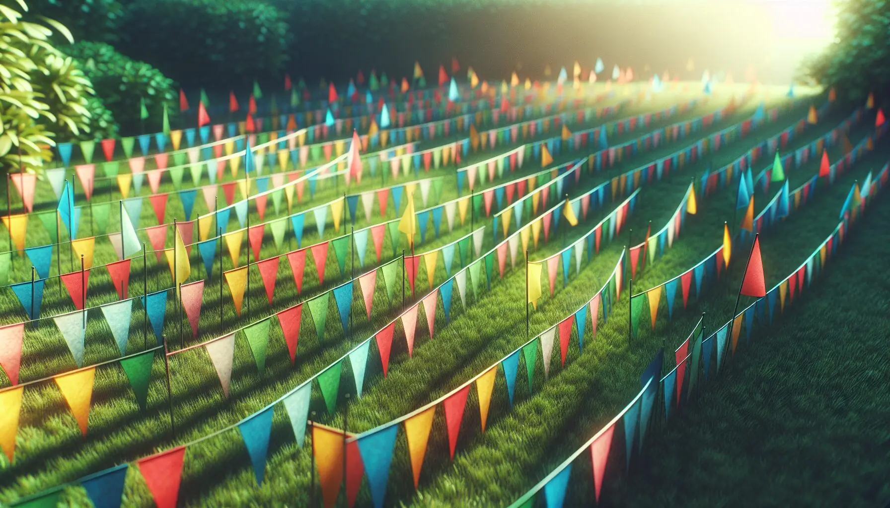 Generate an image of colorful paper flags arranged in a simple linear pattern on a grassy surface.