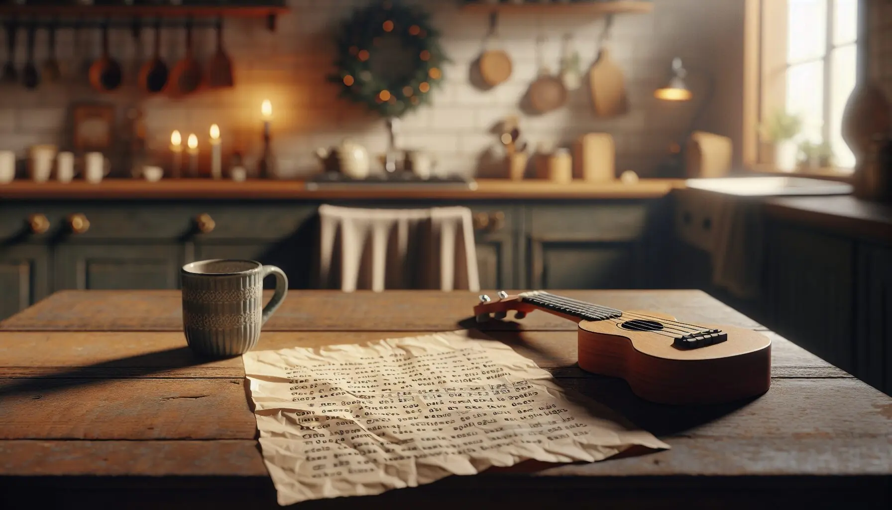 Generate an image of a music sheet with playful seasonal song lyrics, paired with a simple musical instrument like a ukulele.