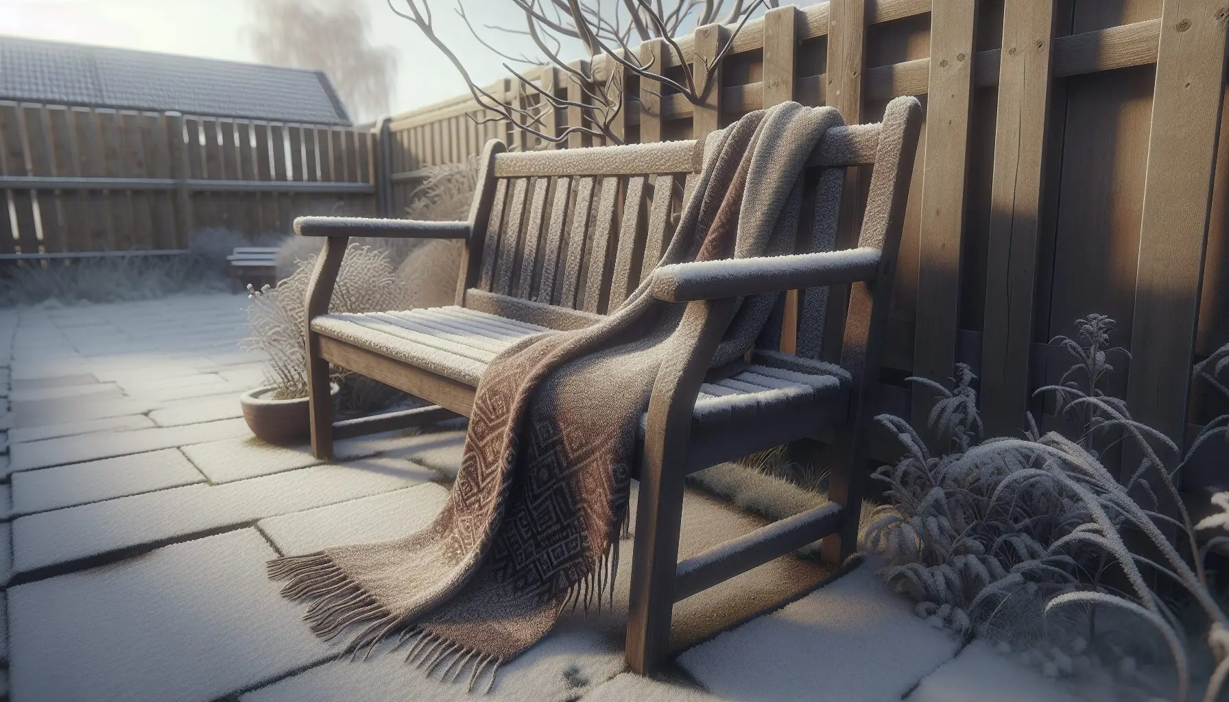 Generate an image of a winter scene with snowflakes and a cozy scarf on a bench.