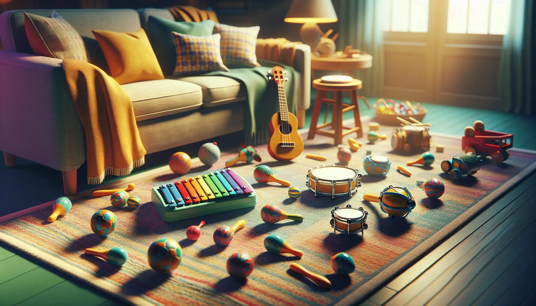 Generate an image of a child happily playing with a set of colorful musical instruments on a living room rug.