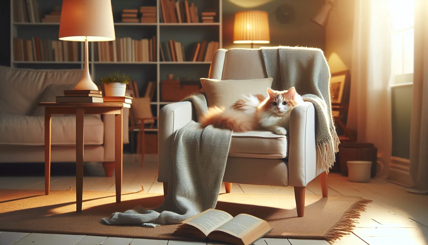 Generate an image of a book with a cat sitting next to it on a comfy chair.