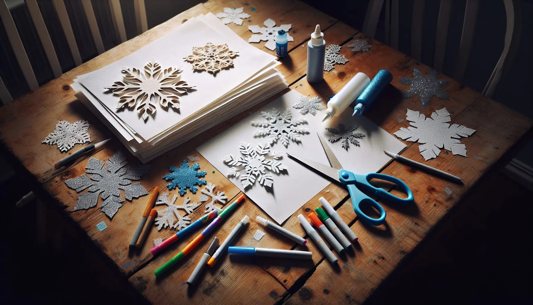 Generate an image of scissors, paper snowflakes, markers, and glitter arranged neatly.