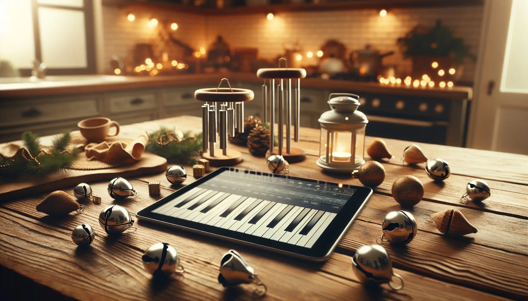 Generate an image of jingle bells, wind chimes, and a tablet displaying a musical keyboard app on a wooden table.