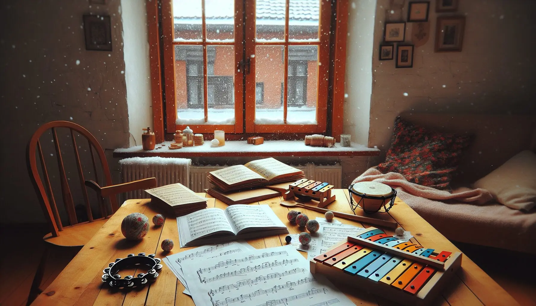Generate an image of cozy, snow-kissed windows with musical notes floating playfully around in the air.
