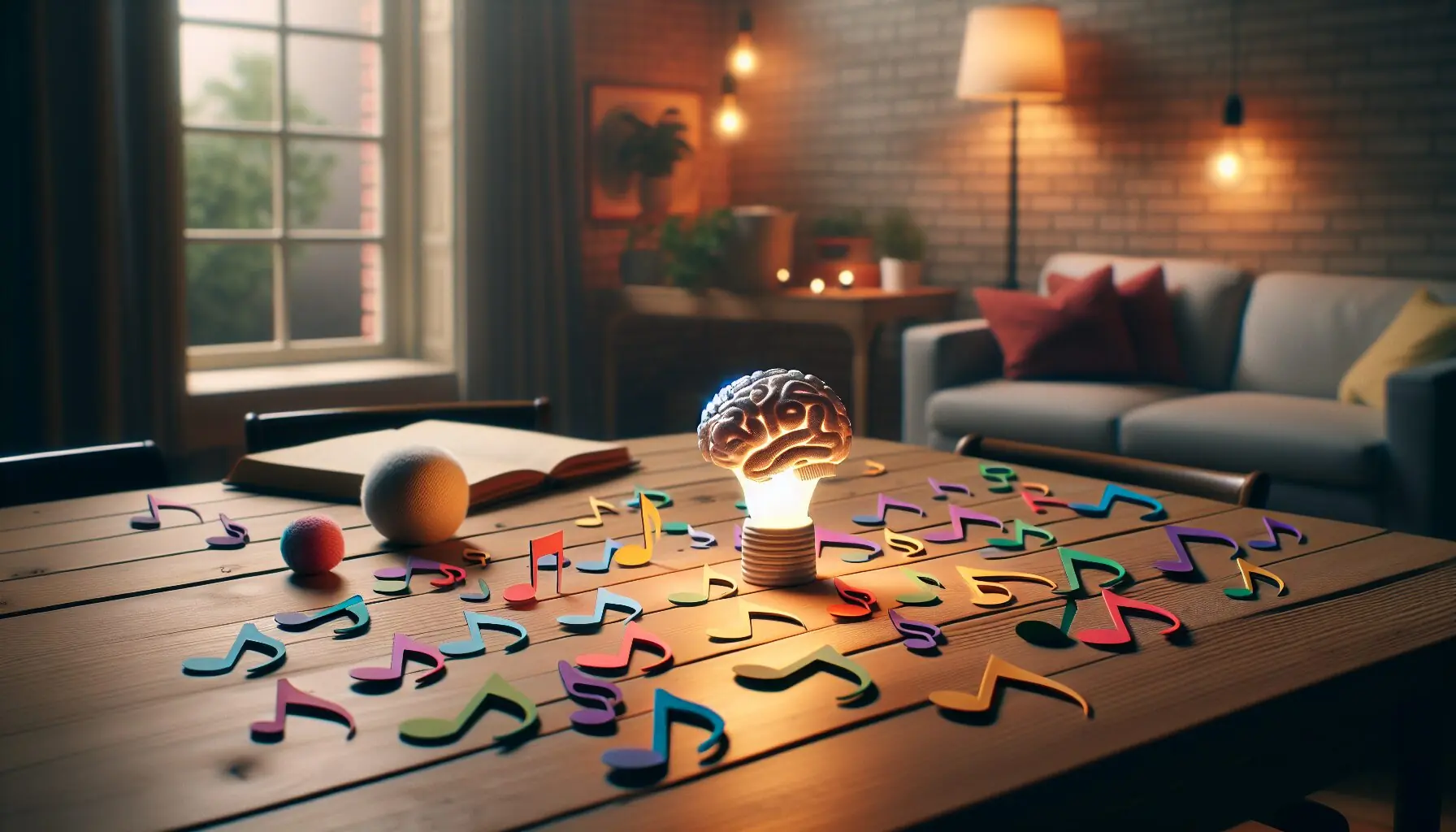 Generate an image of colorful musical notes dancing around a glowing brain with a heart symbol nearby.