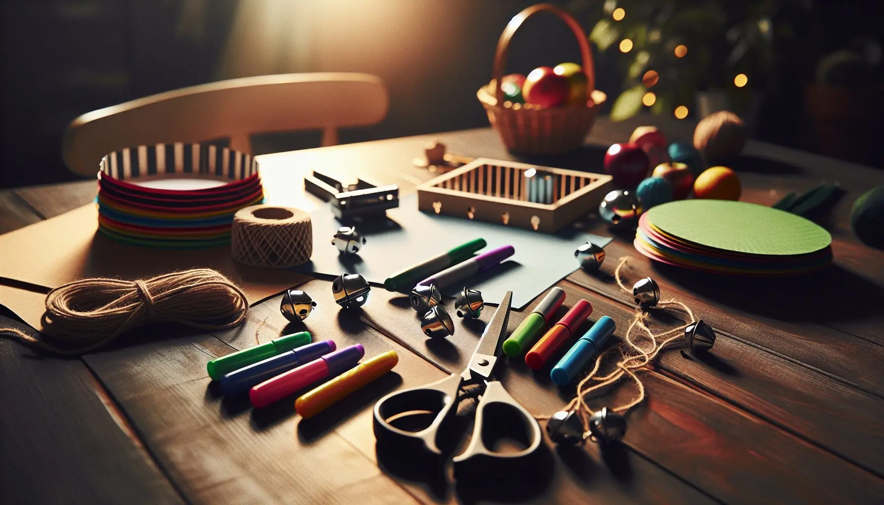 Generate an image of colorful paper plates, markers, jingle bells, and strings arranged artistically in a crafting setup.