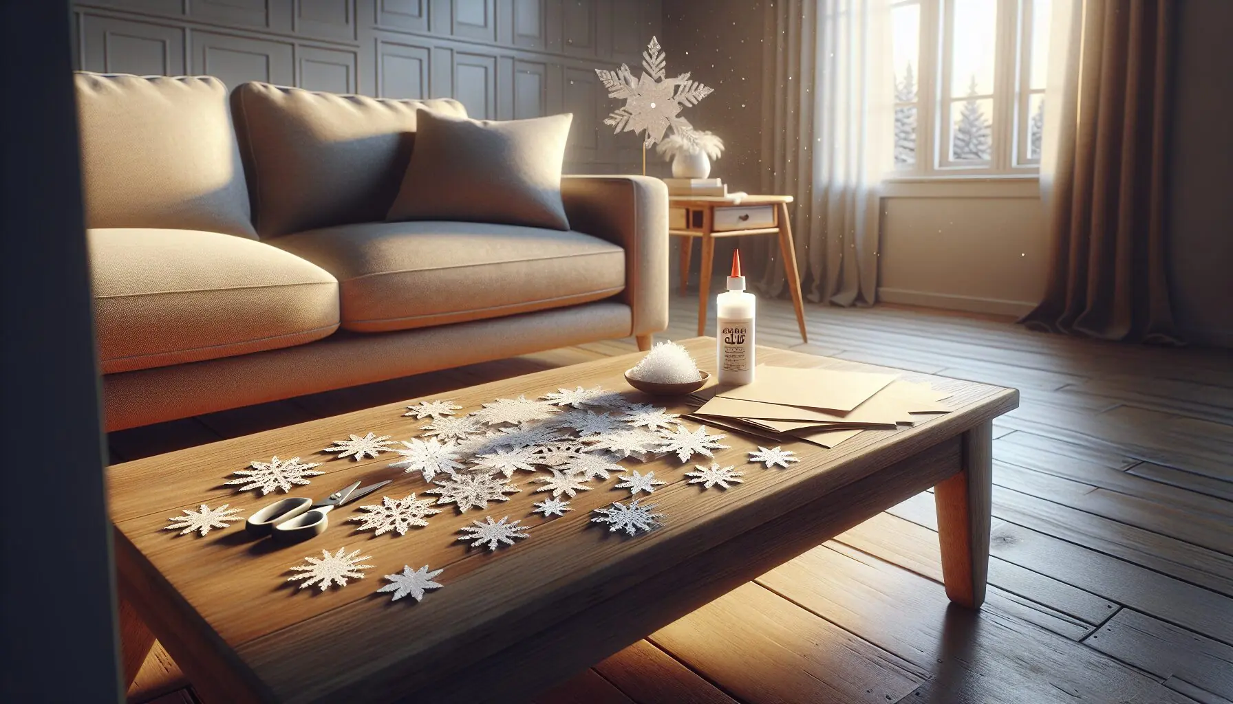Generate an image of a cozy room with paper snowflake cut-outs and glitter glue on a table.