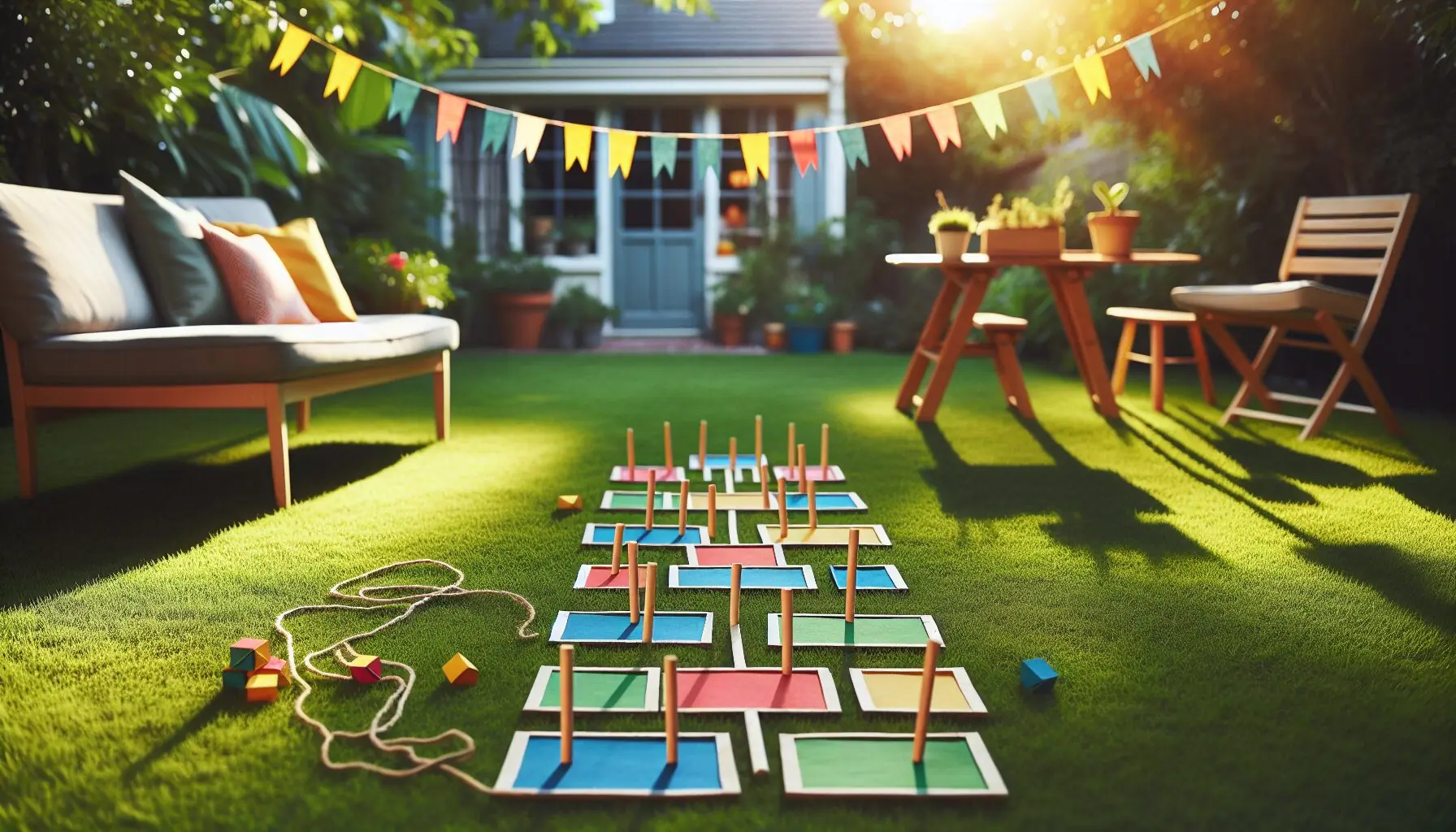 Generate an image of a child-friendly backyard setting with multi-colored paper flags and a playful hopscotch-style layout.