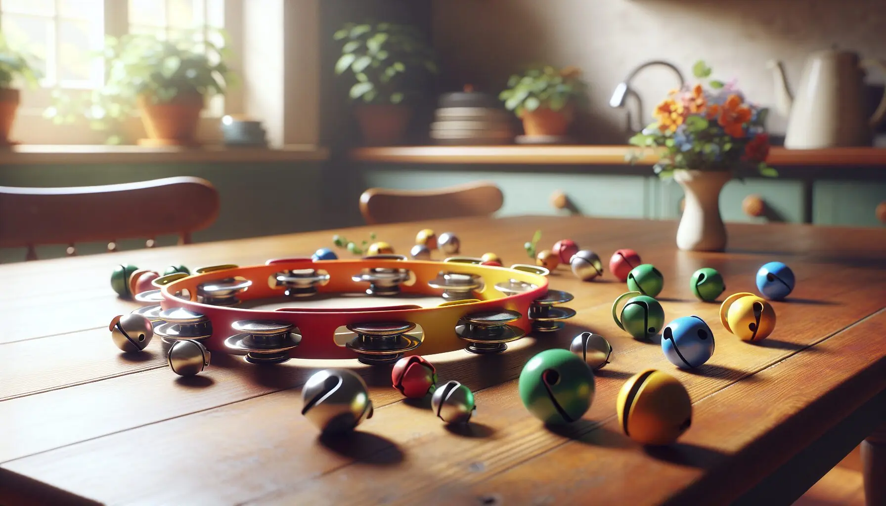 Generate an image of a vibrant tambourine with a variety of jingle bells scattered on a wooden table, evoking a sense of joy and creativity.